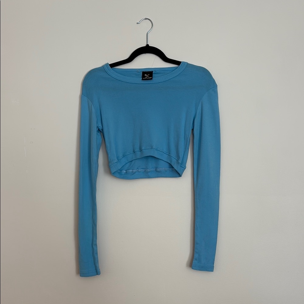 Vintage Long Sleeve Cropped Top – Sky Blue, Stretchy & Y2K-Inspired